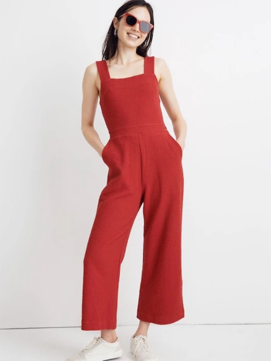 Madewell Pants - Madewell Texture & Thread Red Apron Bow-Back Jumpsuit SIZE 16
